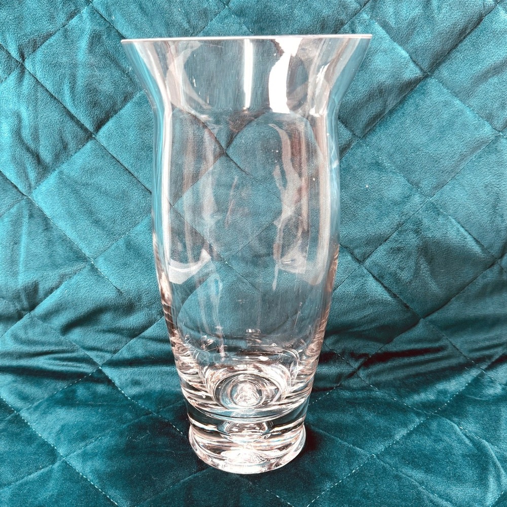Vtg. Heavy Art Glass Crystal‎ Clear Vase Controlled Bubble Base MCM Flare Blown